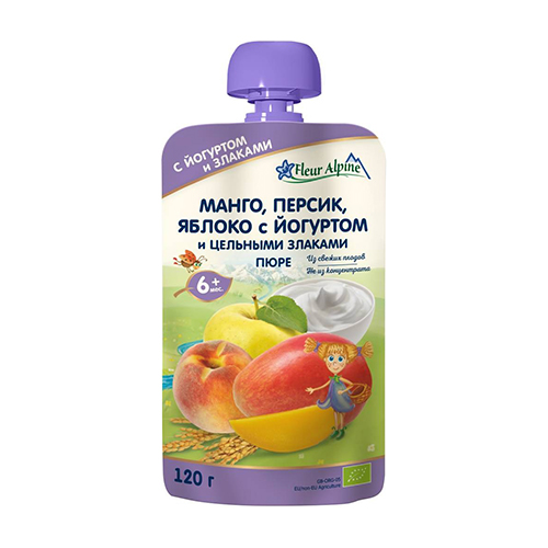 картинка Пюре детское "Манго, персик, яблоко с йогуртом и цельными злаками" с 6 месяцев "Fleur Alpine" 120г – Prostor.ae